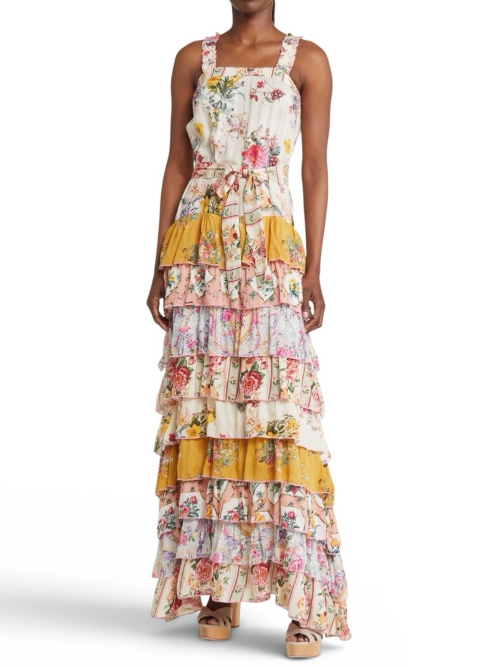 Barok Paris Floral Multicolor Tiered Ruffle Maxi Dress in Womens Size Small